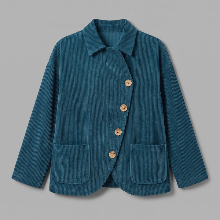 Cervinia Collared Jacket — Blue, jacket laid flat from the front on a grey seamless background, showing the single diagonal row of four buttons, turn-down collar and two lower patch pockets
