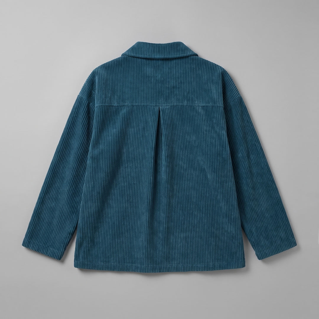 Cervinia Collared Jacket — Blue, jacket laid flat from the back on a grey seamless background, showing the back yoke and centre pleat