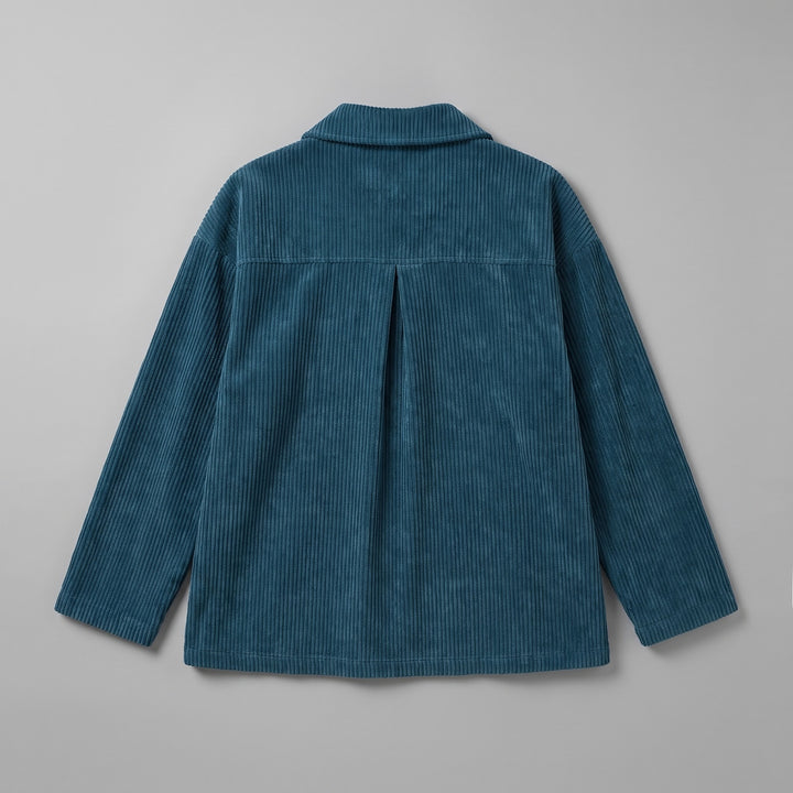 Cervinia Collared Jacket — Blue, jacket laid flat from the back on a grey seamless background, showing the back yoke and centre pleat