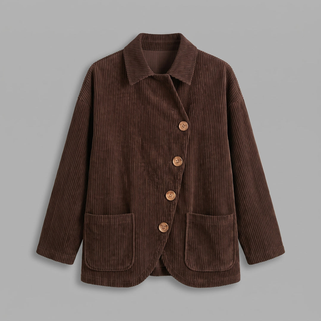 Cervinia Collared Jacket — Brown, jacket laid flat from the front on a grey seamless background, showing the single diagonal row of four buttons, turn-down collar and two lower patch pockets