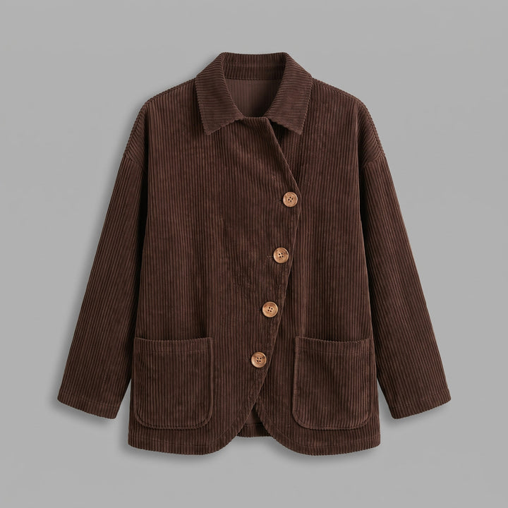 Cervinia Collared Jacket — Brown, jacket laid flat from the front on a grey seamless background, showing the single diagonal row of four buttons, turn-down collar and two lower patch pockets