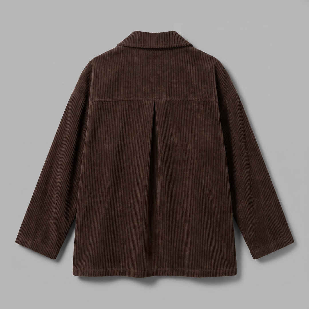 Cervinia Collared Jacket — Brown, jacket laid flat from the back on a grey seamless background, showing the back yoke and centre pleat