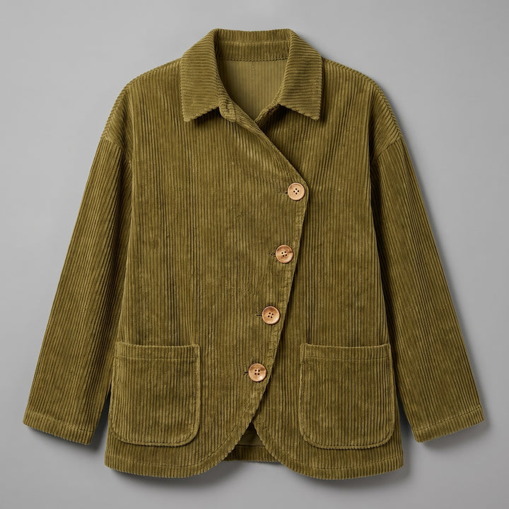 Cervinia Collared Jacket — Olive, jacket laid flat from the front on a grey seamless background, showing the single diagonal row of four buttons, turn-down collar and two lower patch pockets