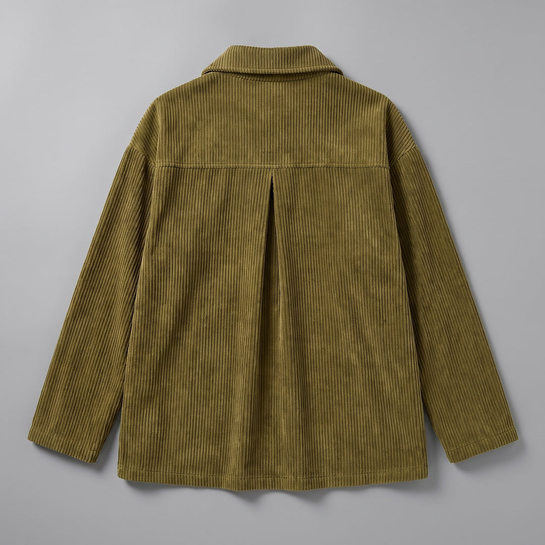 Cervinia Collared Jacket — Olive, jacket laid flat from the back on a grey seamless background, showing the back yoke and centre pleat
