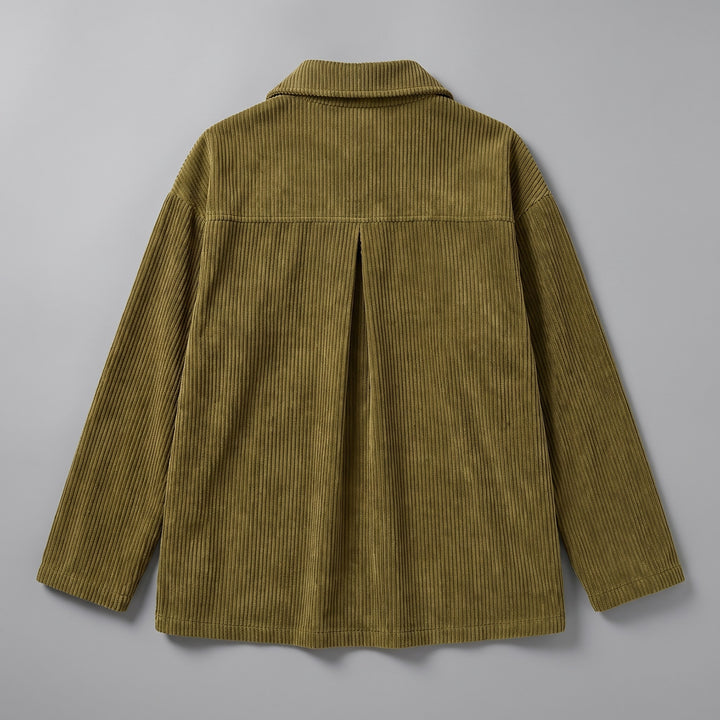 Cervinia Collared Jacket — Olive, jacket laid flat from the back on a grey seamless background, showing the back yoke and centre pleat