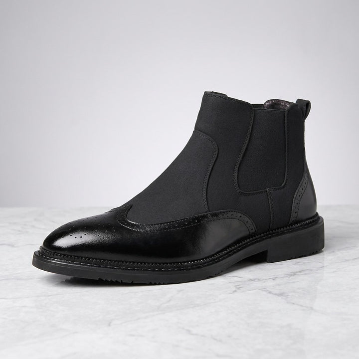 Cittadella Brogue Chelsea Boots — Black, single boot in side profile on light grey marble