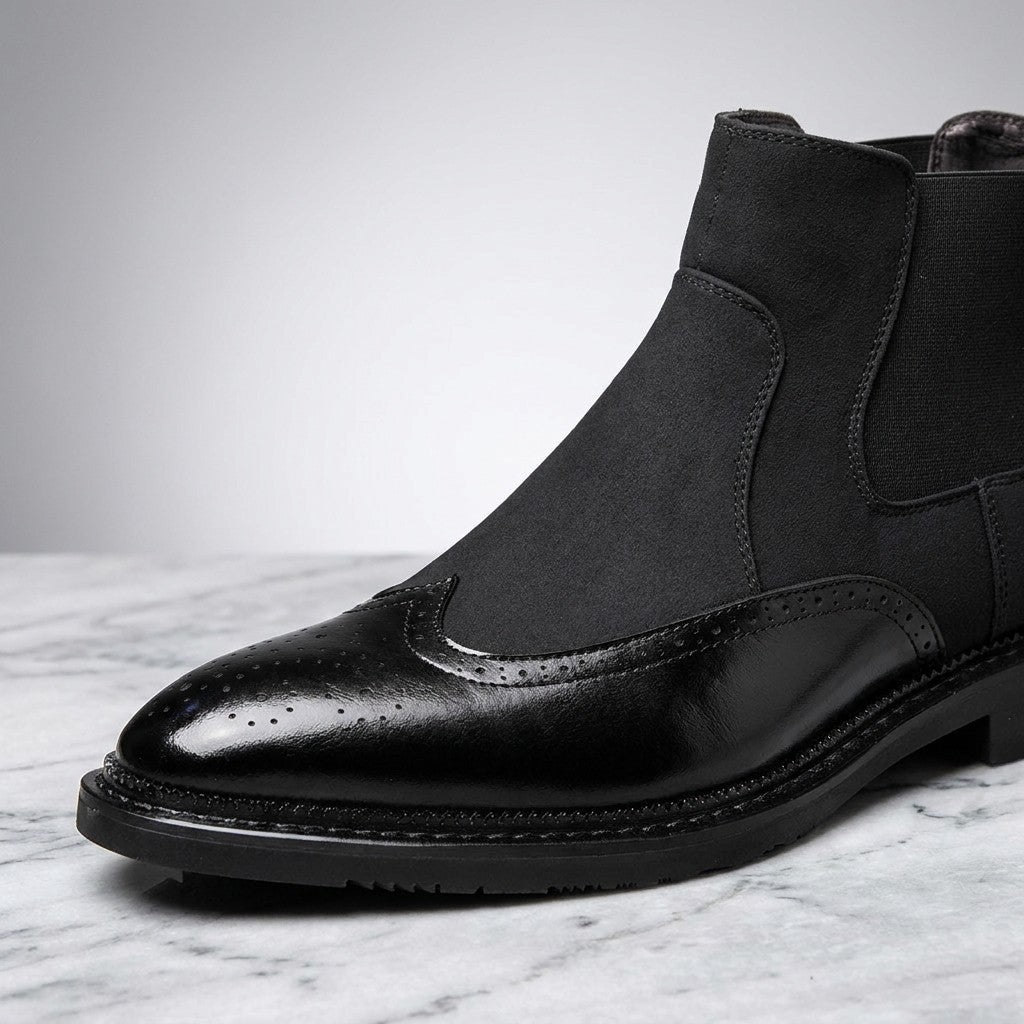 Cittadella Brogue Chelsea Boots — Black, close-up of the brogue toe cap, suede shaft and elastic side panel