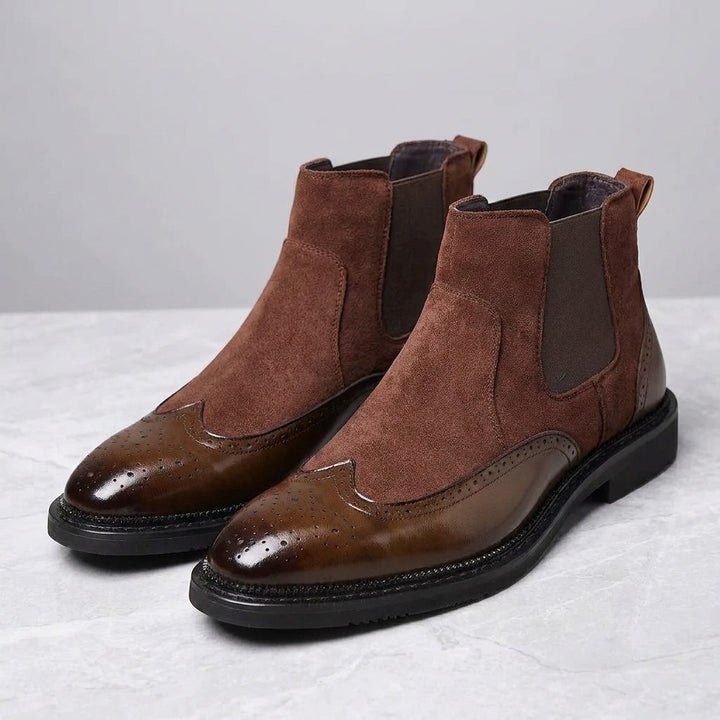 Cittadella Brogue Chelsea Boots — Brown, pair of Chelsea boots, three-quarter view on light grey marble