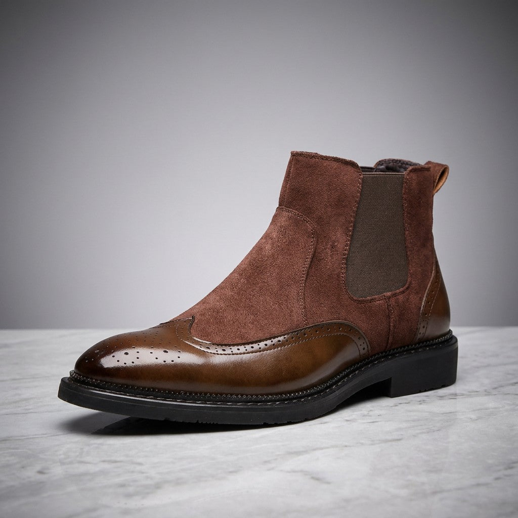 Cittadella Brogue Chelsea Boots — Brown, single boot in side profile on light grey marble