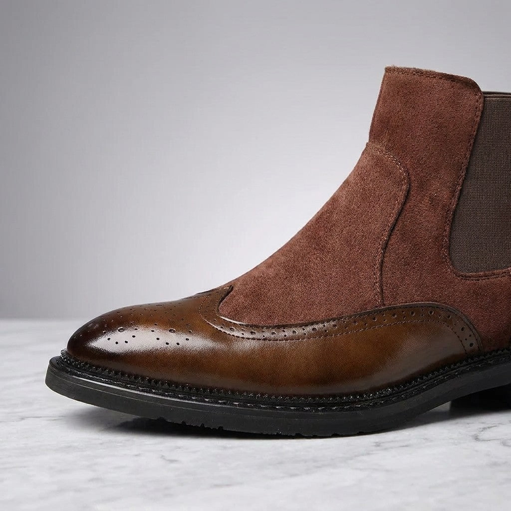 Cittadella Brogue Chelsea Boots — Brown, close-up of the brogue toe cap, suede shaft and elastic side panel