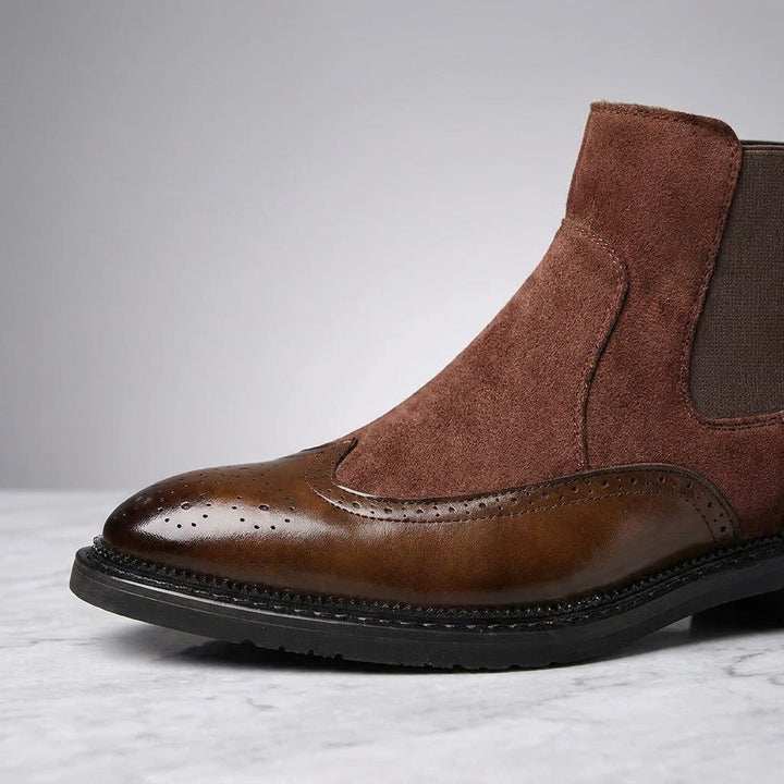 Cittadella Brogue Chelsea Boots — Brown, close-up of the brogue toe cap, suede shaft and elastic side panel