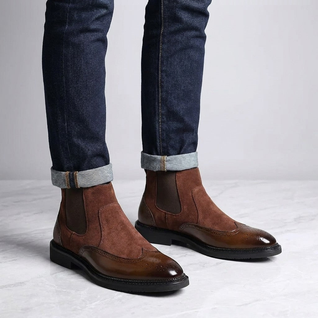Cittadella Brogue Chelsea Boots — Brown, worn with cuffed dark jeans, knee-down on light grey marble