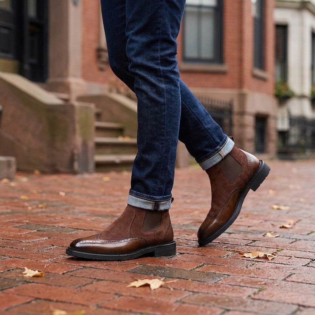 Cittadella Brogue Chelsea Boots — Brown, worn with cuffed dark jeans on a brick sidewalk in Boston&