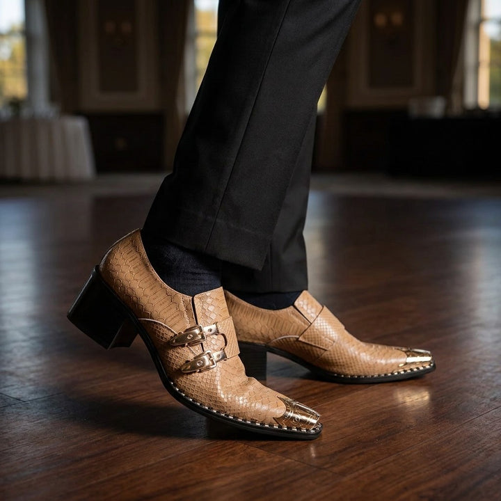 Snakeskin Monk Shoes — Tan, worn on foot, ballroom dance floor