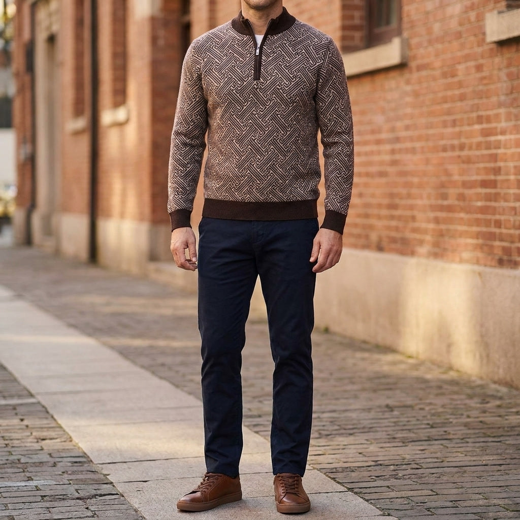 Biella Merino Sweater — Coffee, lifestyle close crop on model
