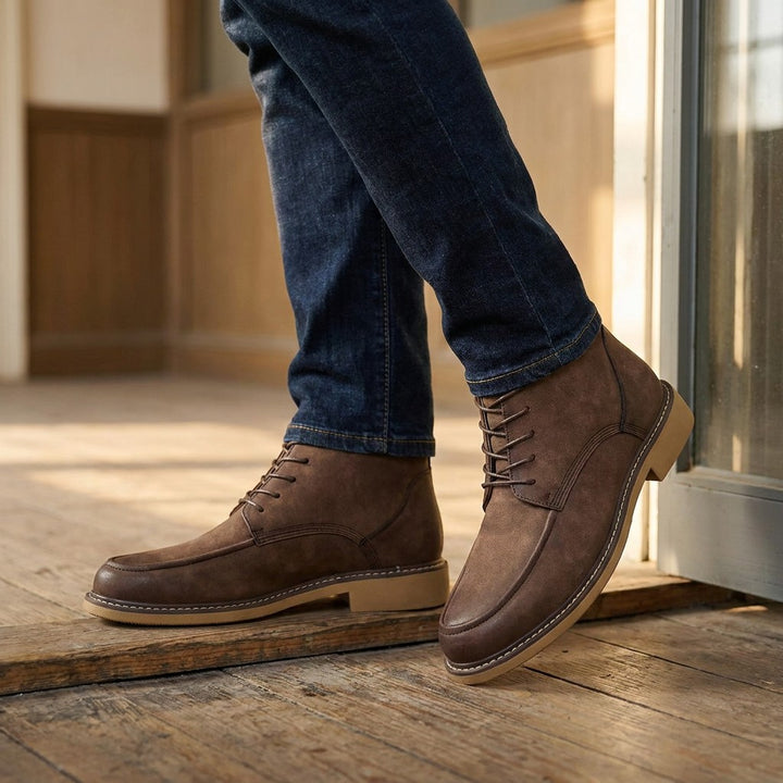Belluno Leather Boots — Coffee, on model at office threshold