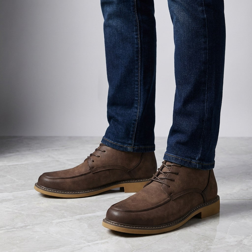 Belluno Leather Boots — Coffee, on model knee-down studio