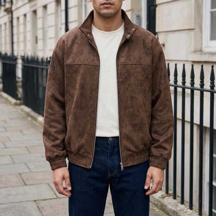 Orta Faux-Suede Jacket — Coffee, worn front view