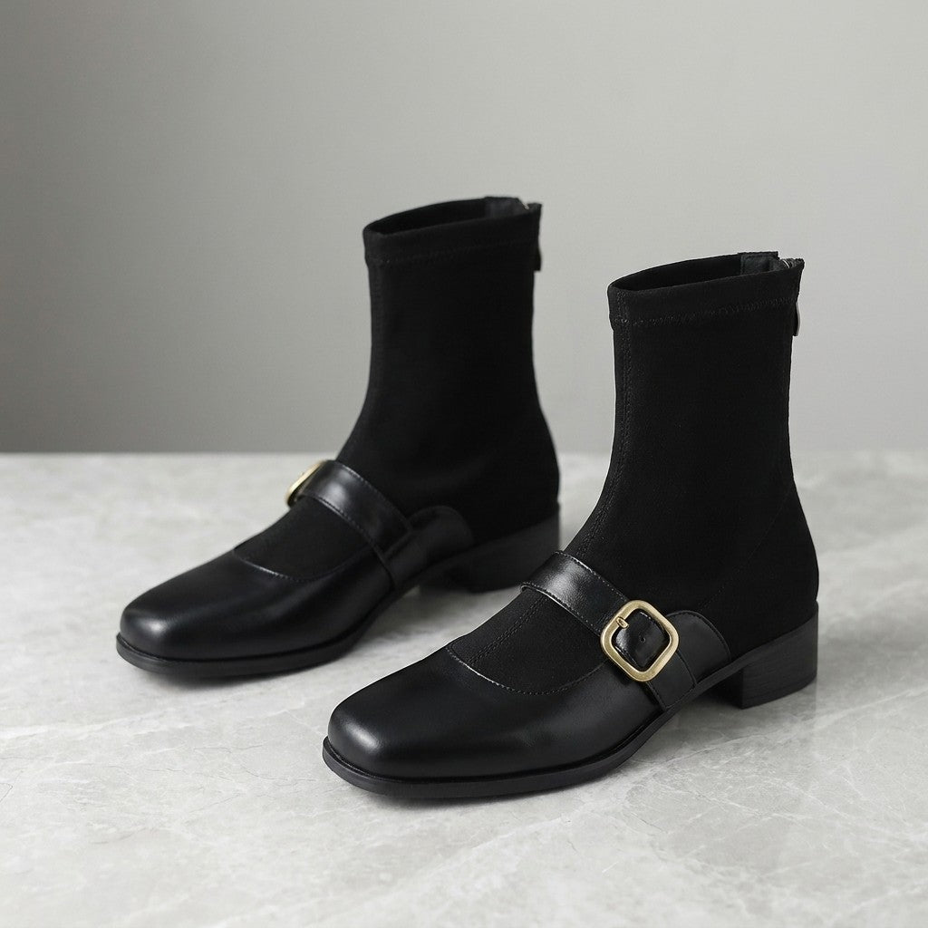 Cosenza Square Toe Ankle Boots — Black, pair, three-quarter studio view on grey marble