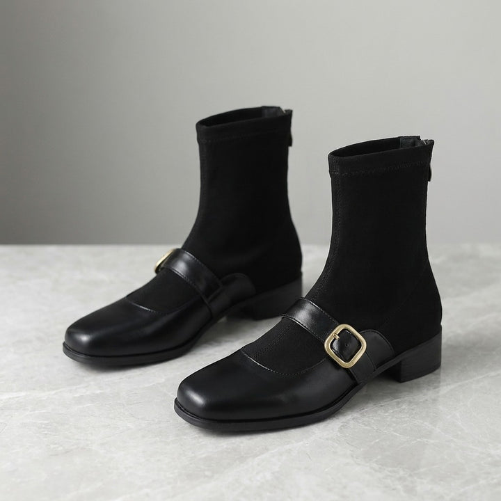 Cosenza Square Toe Ankle Boots — Black, pair, three-quarter studio view on grey marble