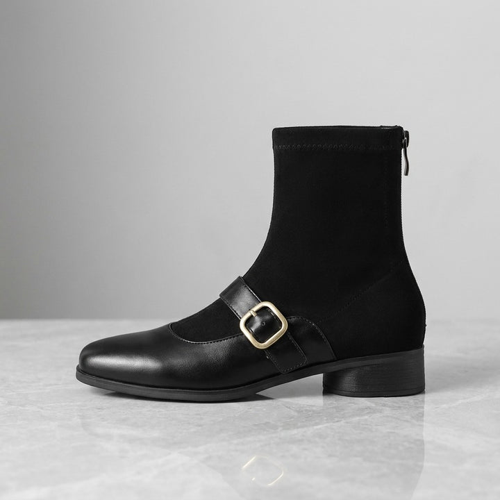 Cosenza Square Toe Ankle Boots — Black, single boot, side profile on grey marble