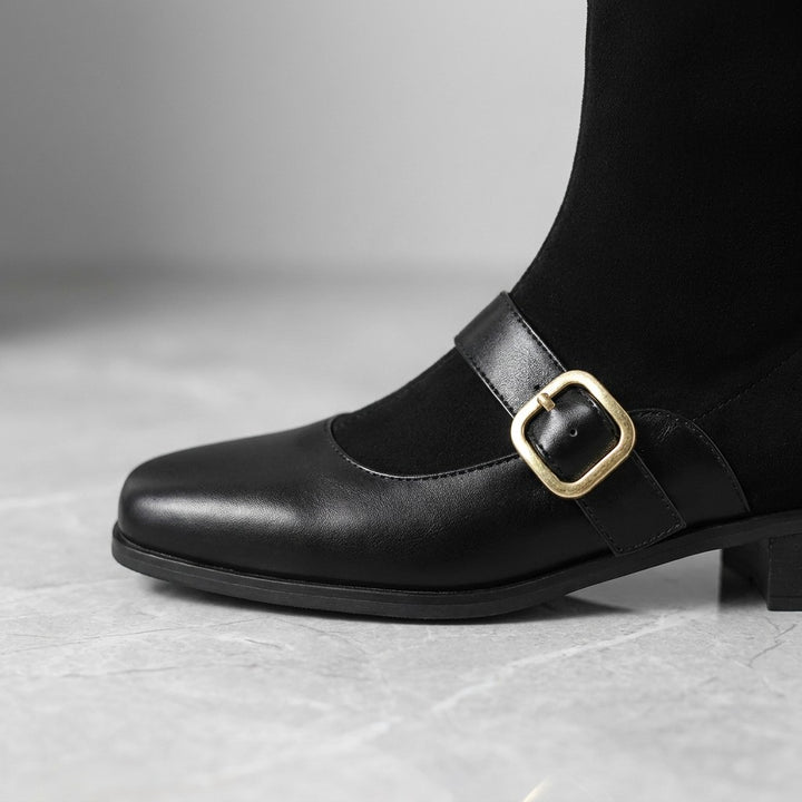 Cosenza Square Toe Ankle Boots — Black, close-up of the outer-side strap and gold pin buckle