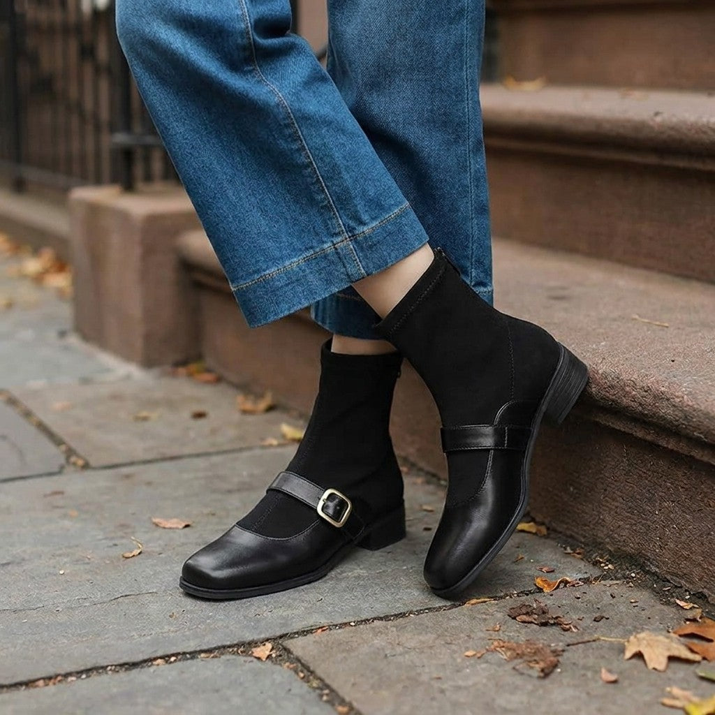 Cosenza Square Toe Ankle Boots — Black, worn by a woman, knee down, on a Brooklyn brownstone sidewalk