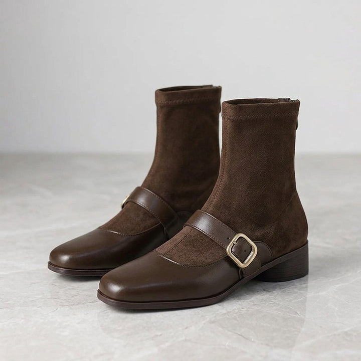 Cosenza Square Toe Ankle Boots — Chocolate Brown, pair, three-quarter studio view on grey marble