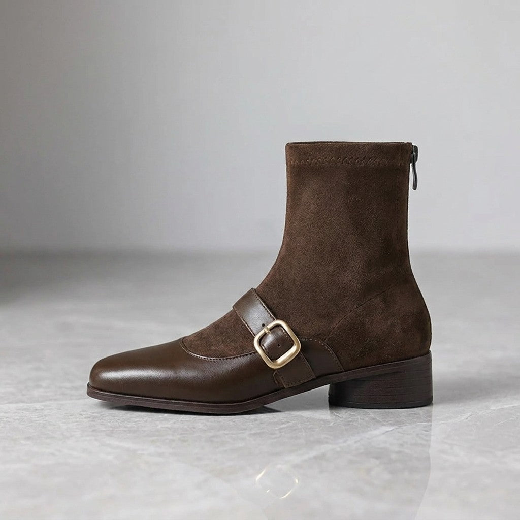 Cosenza Square Toe Ankle Boots — Chocolate Brown, single boot, side profile on grey marble