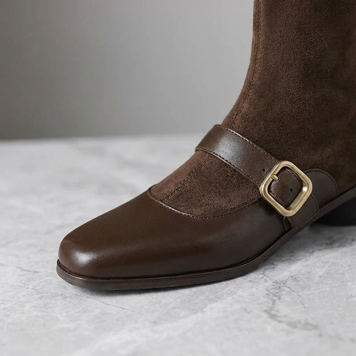 Cosenza Square Toe Ankle Boots — Chocolate Brown, close-up of the outer-side strap and gold pin buckle