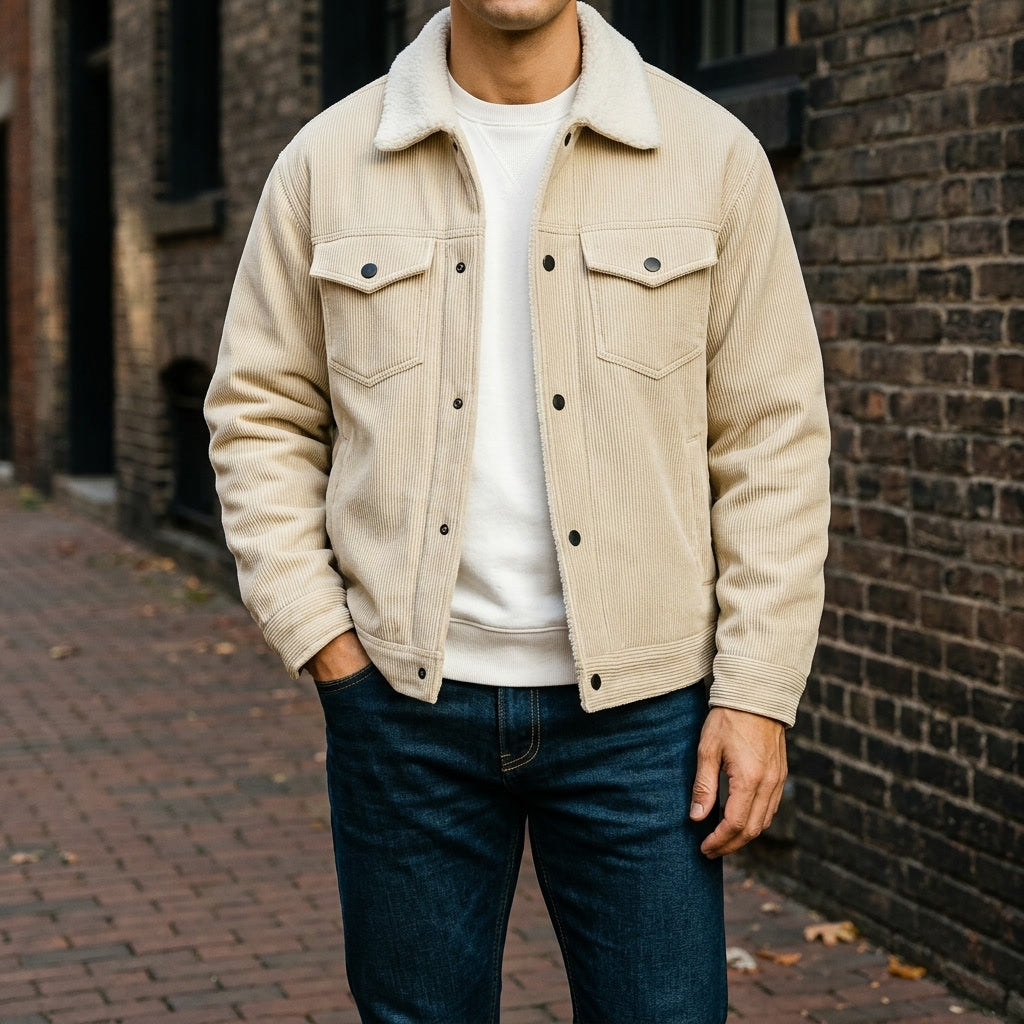 Rockwell Corduroy Jacket — Cream, lifestyle close crop on model