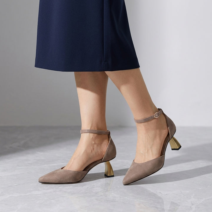 Sarzana Ankle-Strap Pumps — Taupe, worn, studio view from the knee down