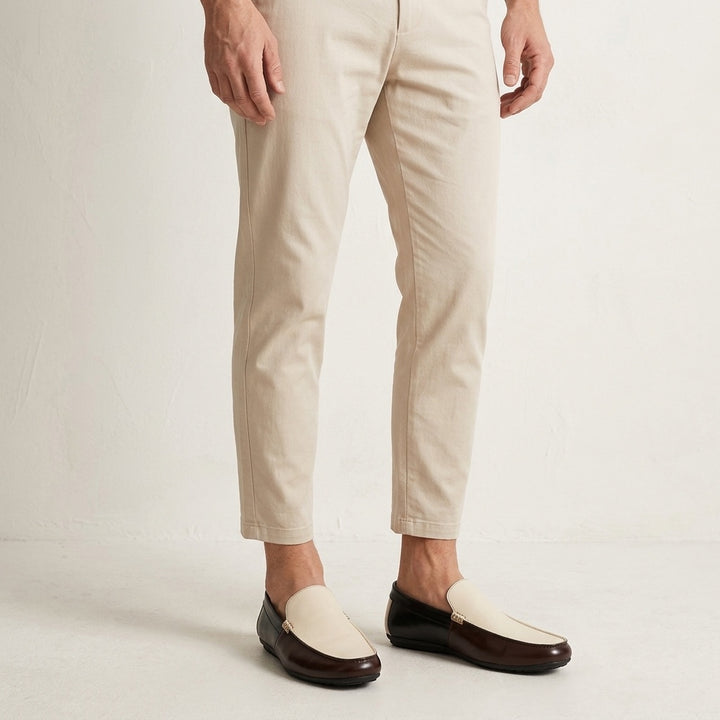 Faro Two-Tone Loafers — Cream &amp; Brown, worn with beige chinos, studio