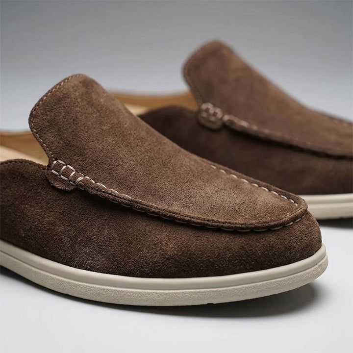 Dartmouth Suede Loafers — Brown, close-up toe and vamp suede texture