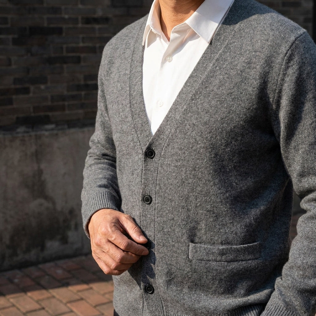 Foligno Wool Cardigan — Dark Grey, lifestyle worn detail