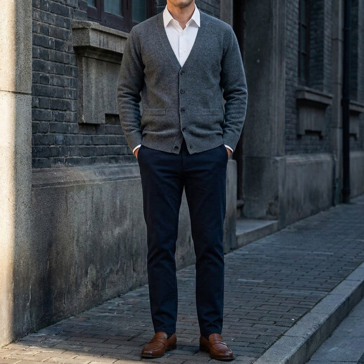 Foligno Wool Cardigan — Dark Grey, lifestyle close crop