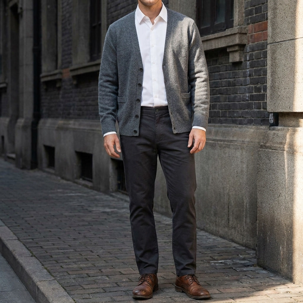 Foligno Wool Cardigan — Dark Grey, lifestyle full outfit