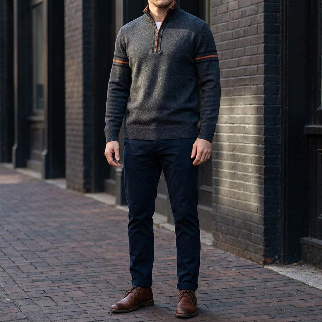 Anzio Colorblock Sweater — Dark Grey, lifestyle full outfit