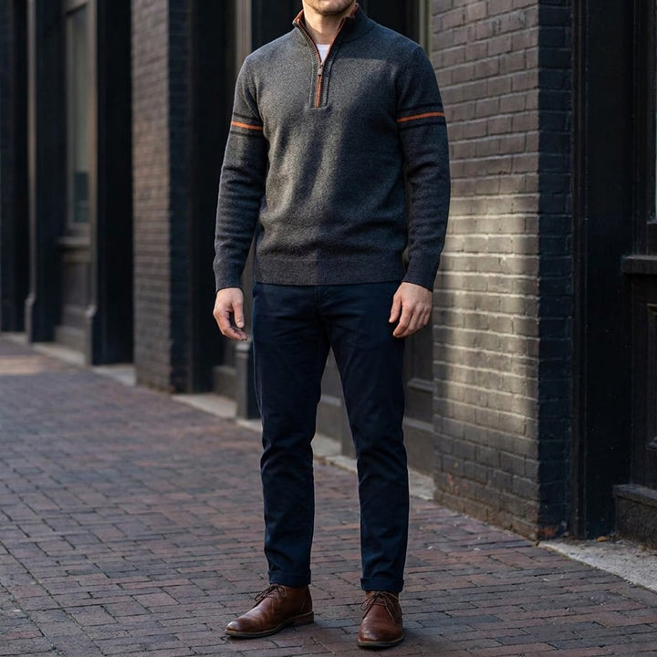 Anzio Colorblock Sweater — Dark Grey, lifestyle full outfit
