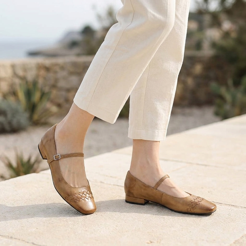 Ravenna Mary Janes — Tan, worn outdoors on a stone terrace, from the knee down