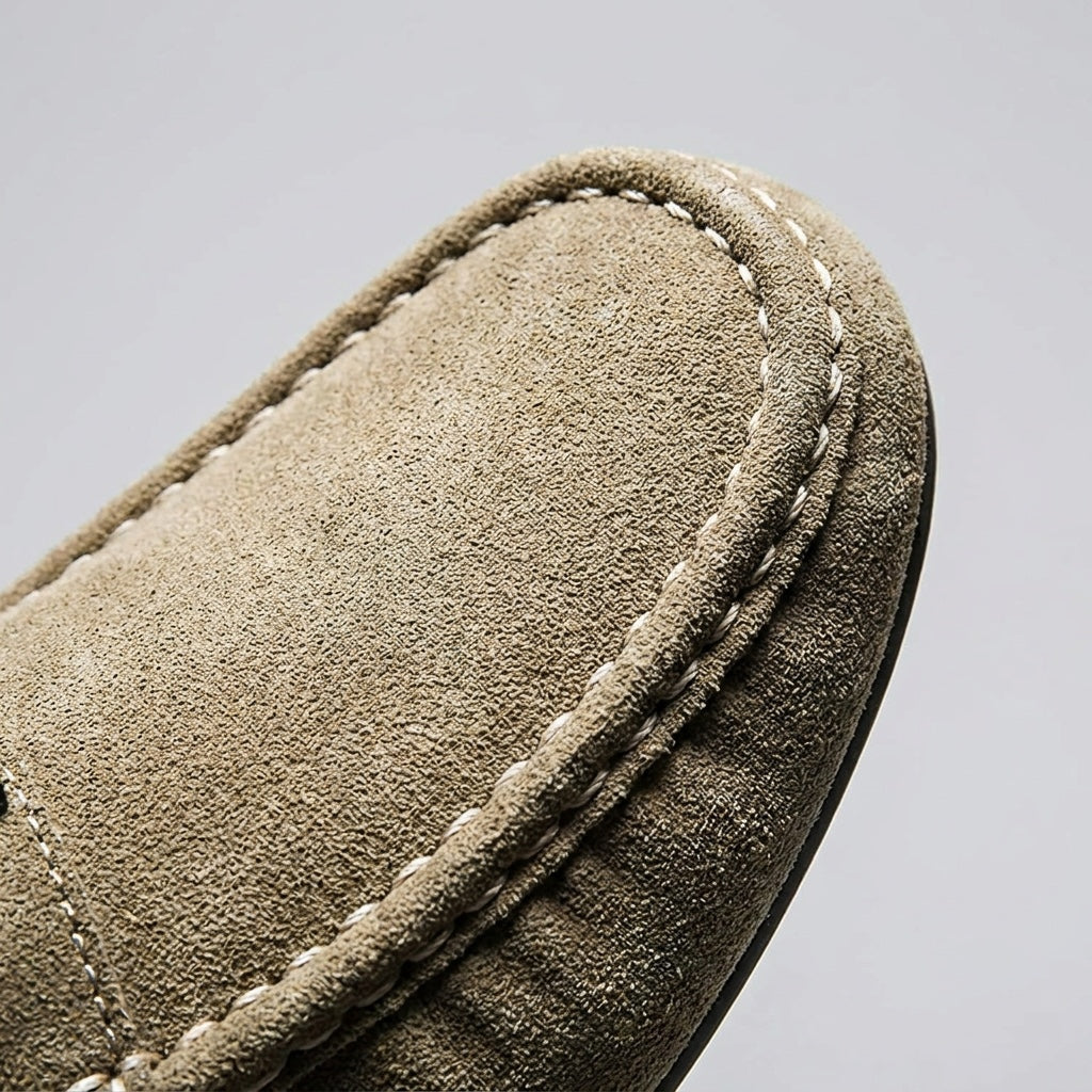 Zoagli Suede Loafers — Khaki, hand-stitched seam close-up