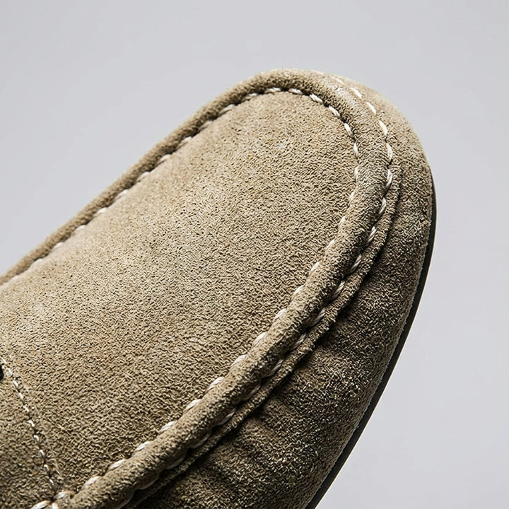 Zoagli Suede Loafers — Khaki, hand-stitched seam close-up