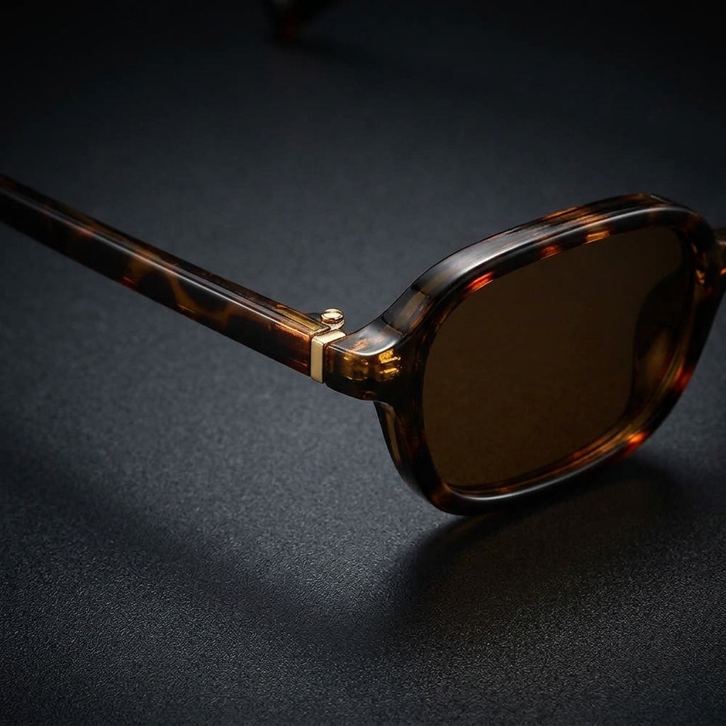 Alba Rectangle Sunglasses — Tortoise, gold hinge pin close-up