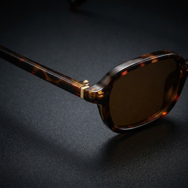 Alba Rectangle Sunglasses — Tortoise, gold hinge pin close-up