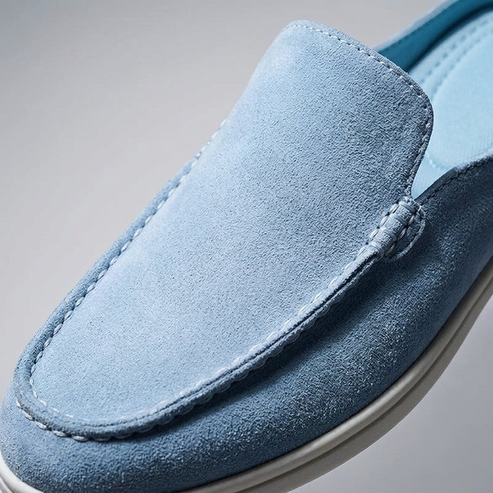 Dartmouth Suede Loafers — Blue, close-up toe and vamp suede texture