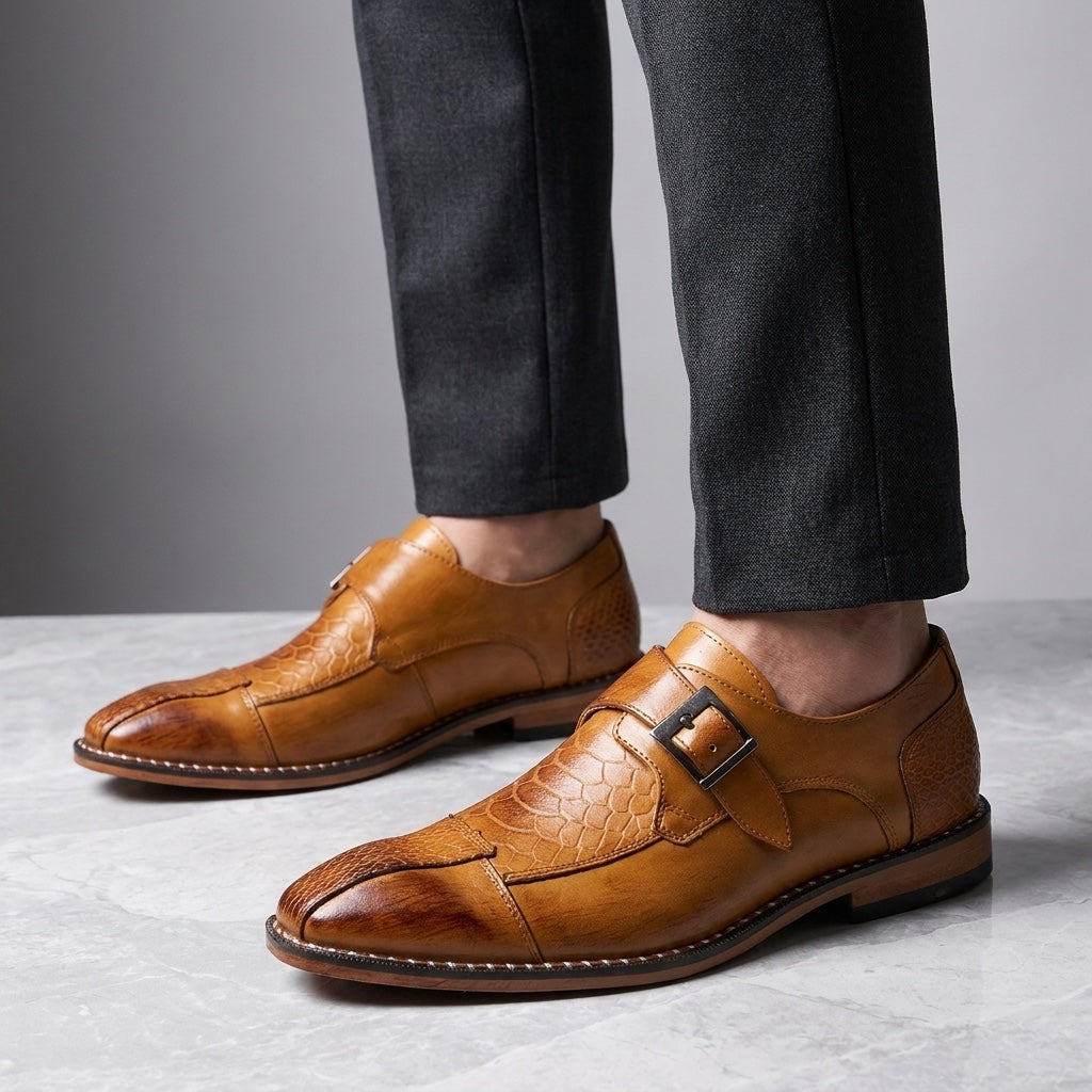 Belgravia Monk Straps — Camel, worn knee-down studio view