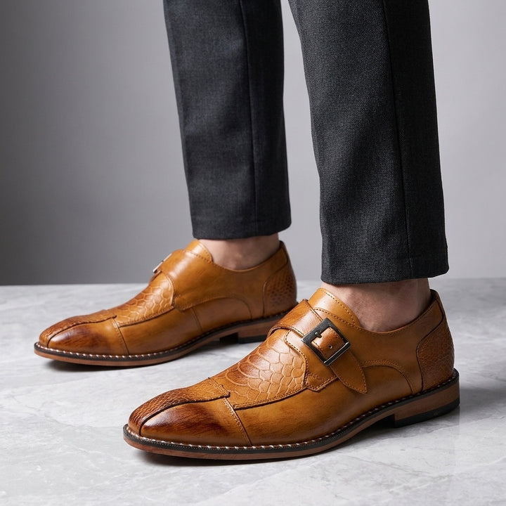 Belgravia Monk Straps — Camel, worn knee-down studio view