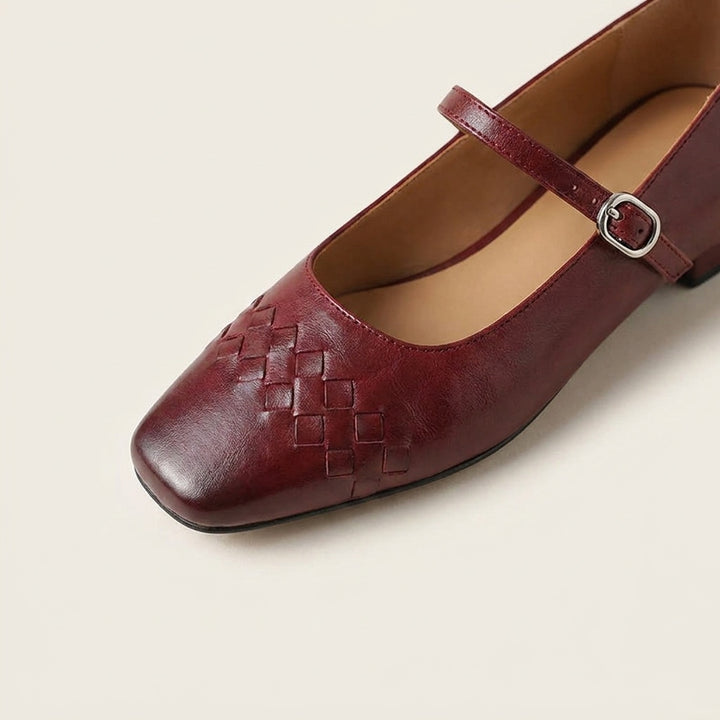 Ravenna Mary Janes — Wine, close view of the woven toe and buckle