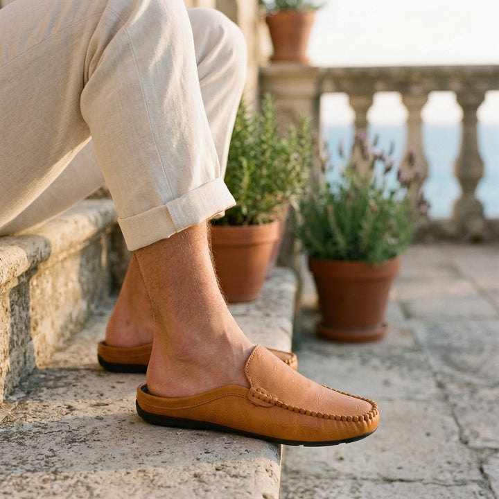 Vietri Leather Mules — Tan, coastal terrace with lavender