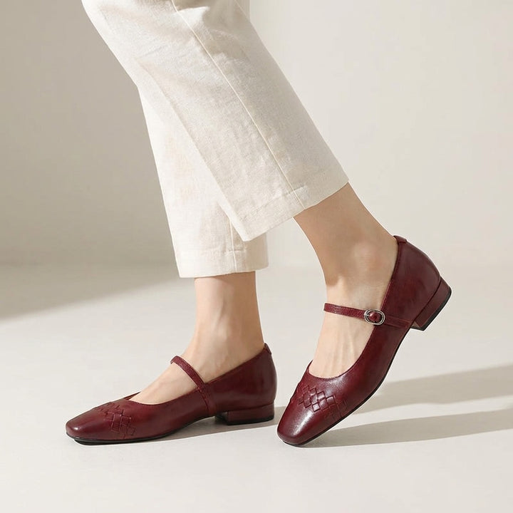 Ravenna Mary Janes — Wine, worn view in the studio, from the knee down